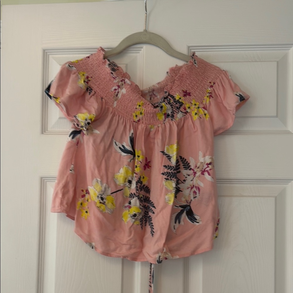 Jack by BB Dakota Pink and Yellow Smocked Flutter Sleeve Blouse